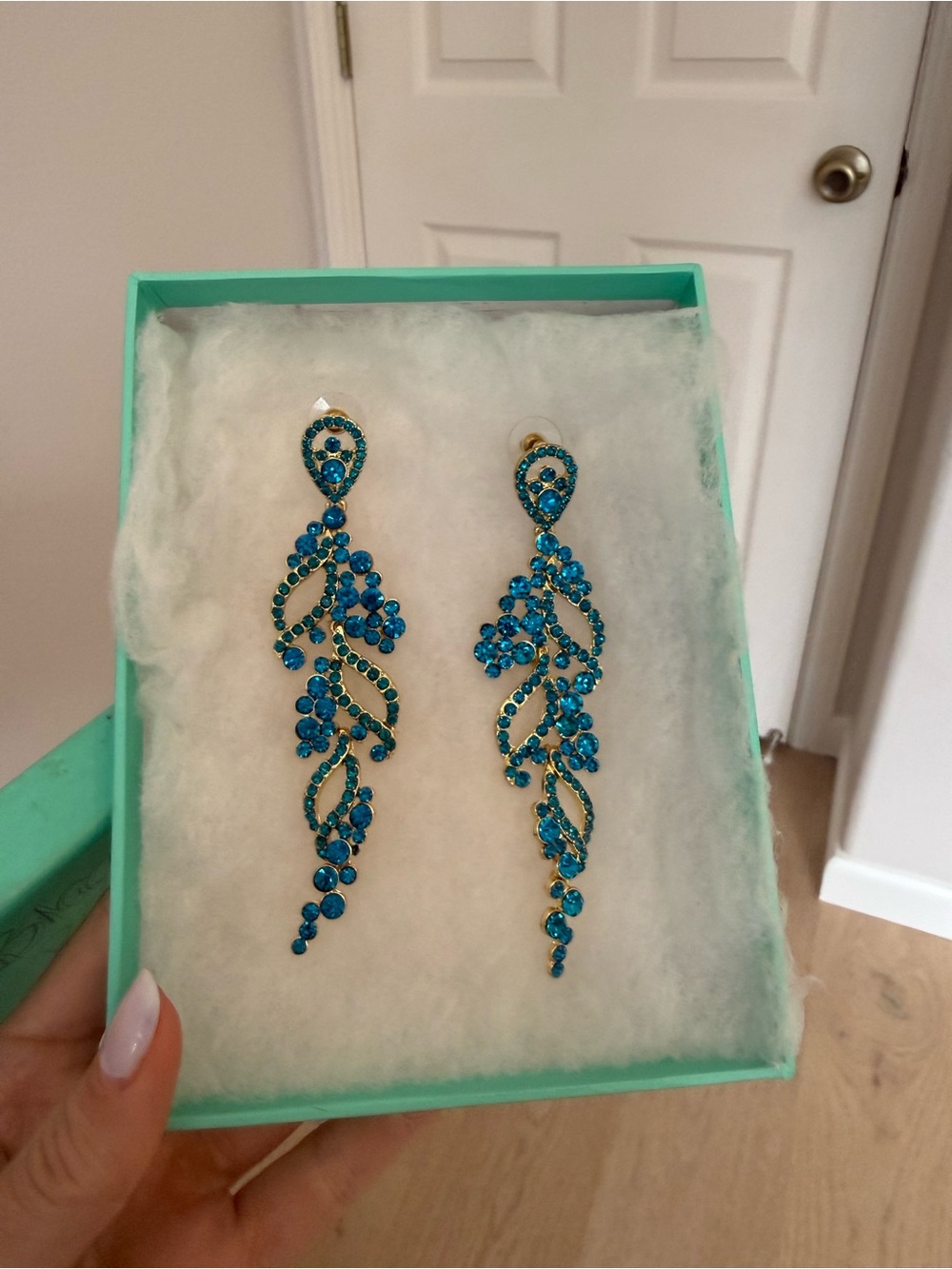 Blue Crystal Dangle Earrings - Elegant Teardrop Floral Design